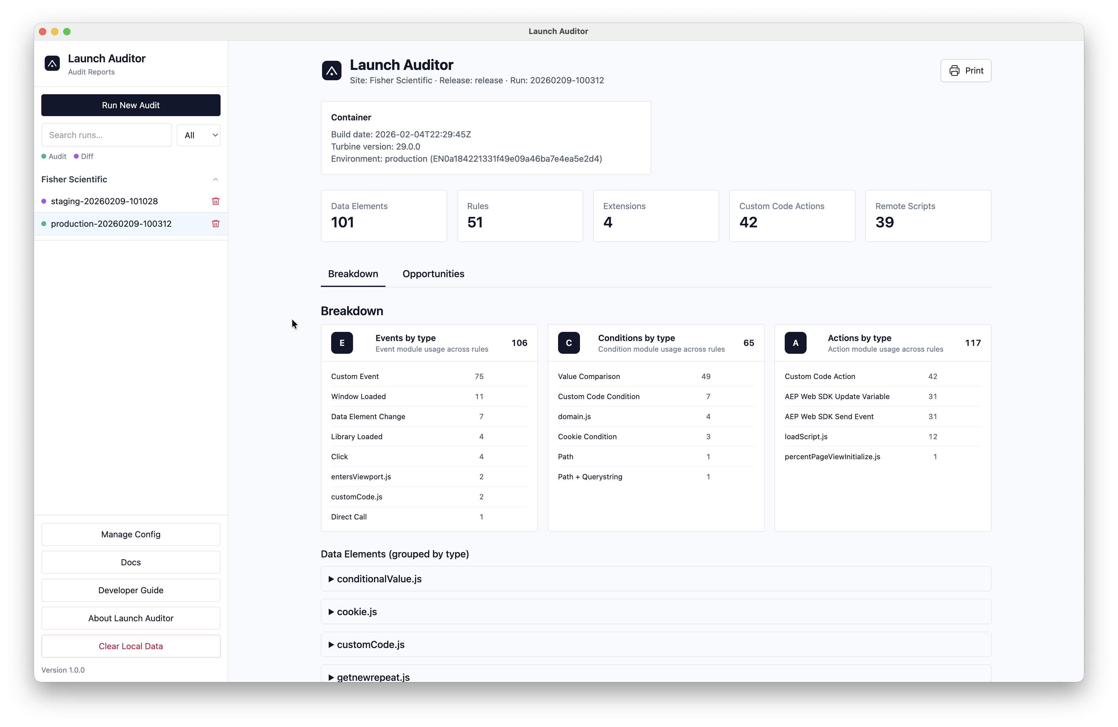 Launch Auditor breakdown report